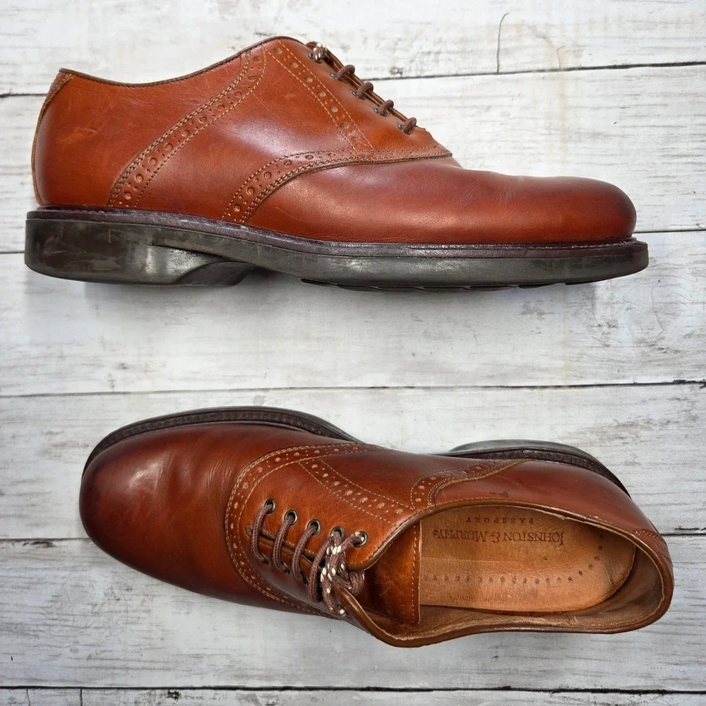 Johnston & Murphy Passport Saddle Oxford Mens 10W Brown Leather Brogue Italy